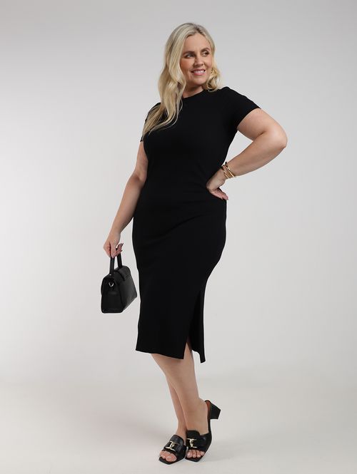 Vestido Canelado Gola Alta Plus Size Feminino PRETO