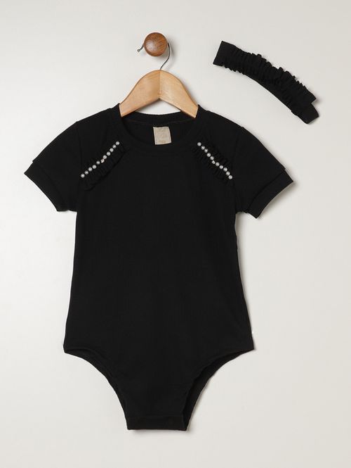 Body Canelado Com Faixa Infantil Para Menina - PRETO