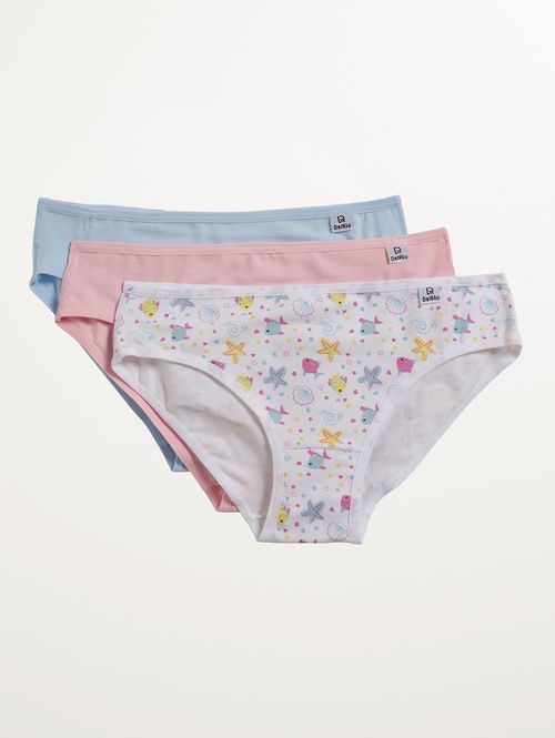 Kit com 03 Calcinhas Juvenil Para Menina - Branco/Azul/Rosa