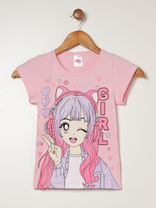 Blusa Cotton Manga Curta Juvenil Para Menina - ROSA CLARO