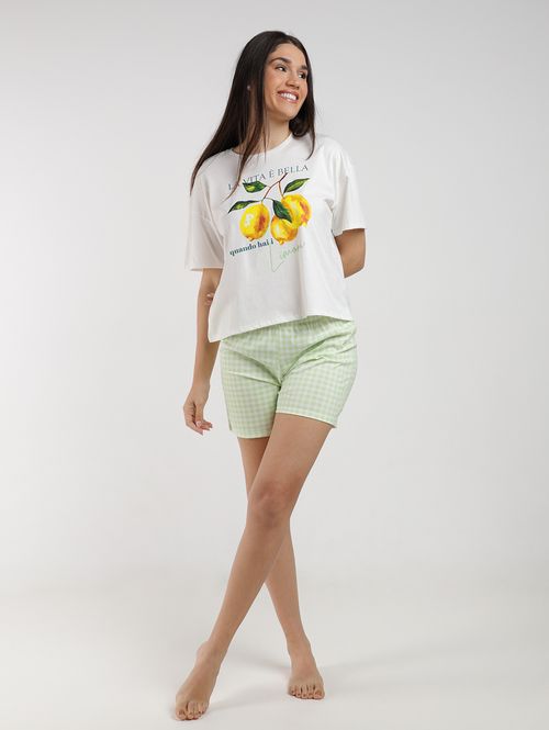 Pijama Curto Algodão Xadrez Feminino BRANCO/VERDE
