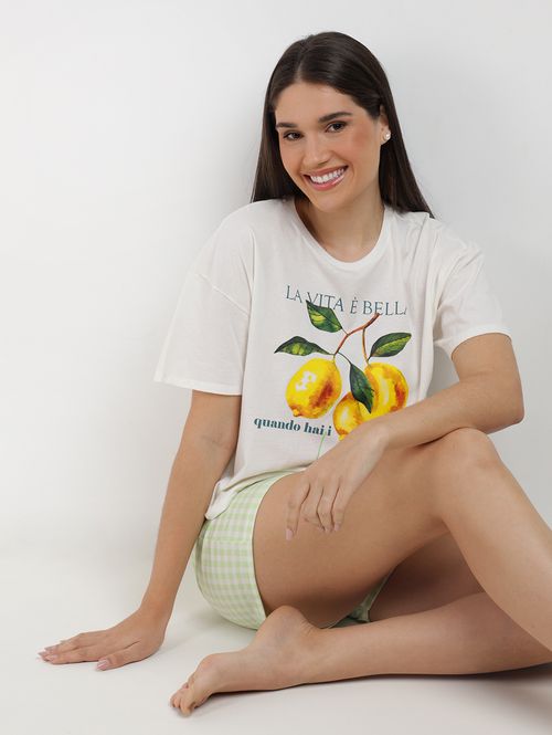 Pijama Curto Algodão Xadrez Feminino BRANCO/VERDE