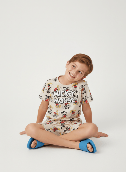 Pijama Curto Mickey Mouse Infantil Para Menino - BEGE