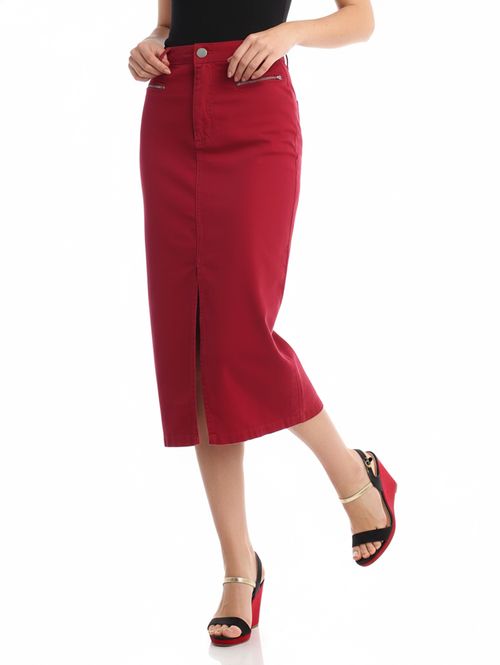 Saia Sarja Midi com Fenda Feminina VERMELHO