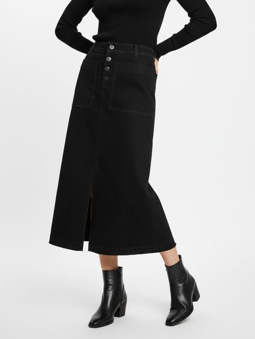 Saia Jeans Midi Fenda Frontal Sawary Feminina PRETO