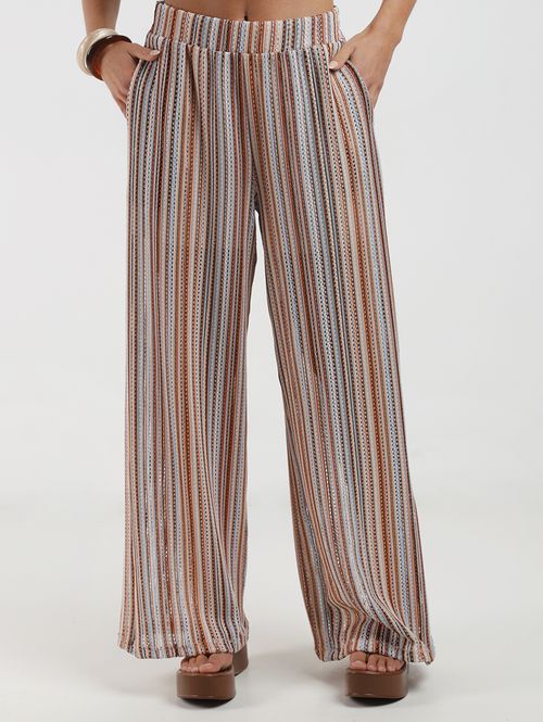 Calça Malha Crochê Pantalona Autentique Feminina MARROM/AZUL CLARO