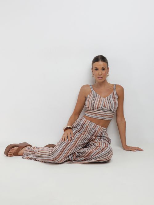 Calça Malha Crochê Pantalona Autentique Feminina MARROM/AZUL CLARO