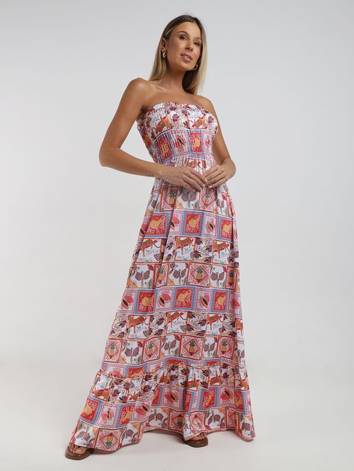 Vestido Longo Lastex Estampado Feminino OFF WHITE