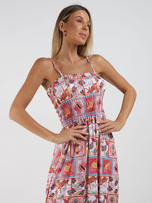 Vestido Longo Lastex Estampado Feminino OFF WHITE