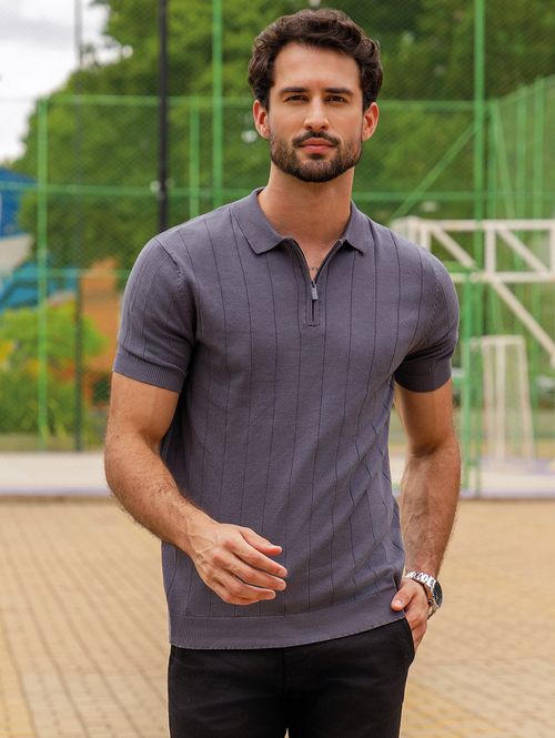 Polo Tricot Canelado Manga Curta Masculino CINZA