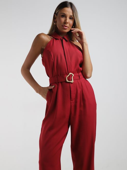 Macacão Longo Com Cinto Autentique Feminino VERMELHO