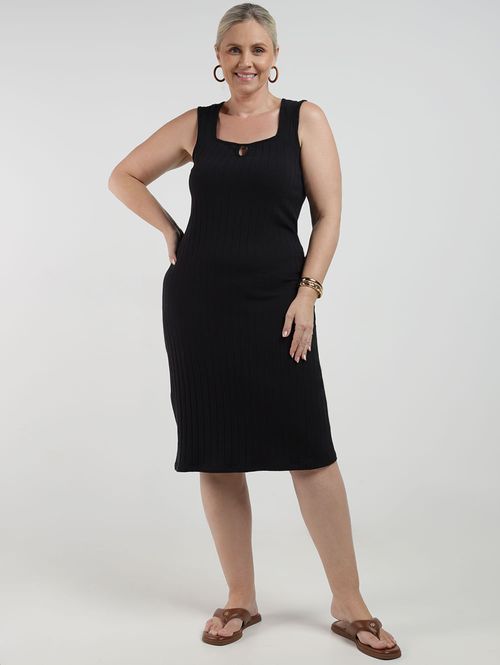 Vestido Cotton Canelado Midi Plus Size Feminino PRETO