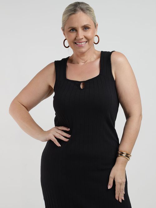 Vestido Cotton Canelado Midi Plus Size Feminino PRETO