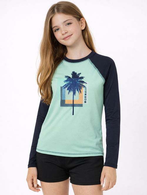 Camiseta Raglan Uv Mormaii Juvenil Para Menina- MARINHO/VERDE