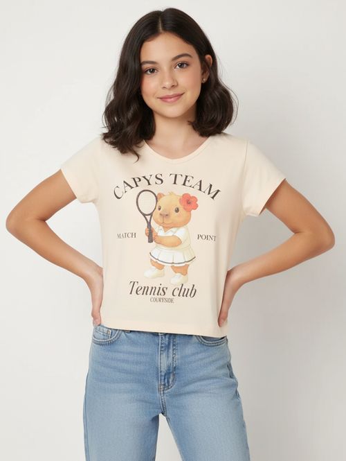 Blusa Cotton Manga Curta Juvenil Para Menina - BEGE
