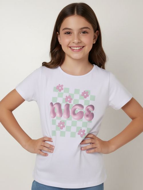 Blusa Meia Malha Manga Curta Juvenil Para Menina- BRANCO