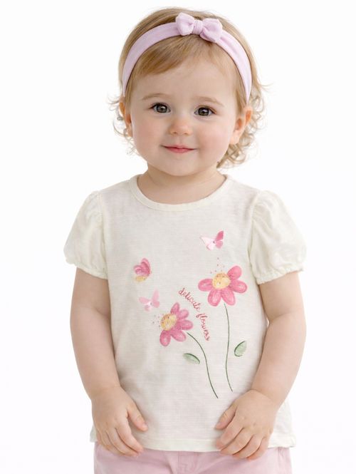 Blusa Malha Manga Curta Infantil Para Menina - OFF WHITE