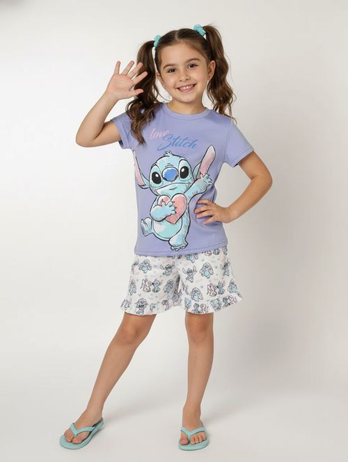 Pijama Curto Stitch Infantil Para Menina - AZUL