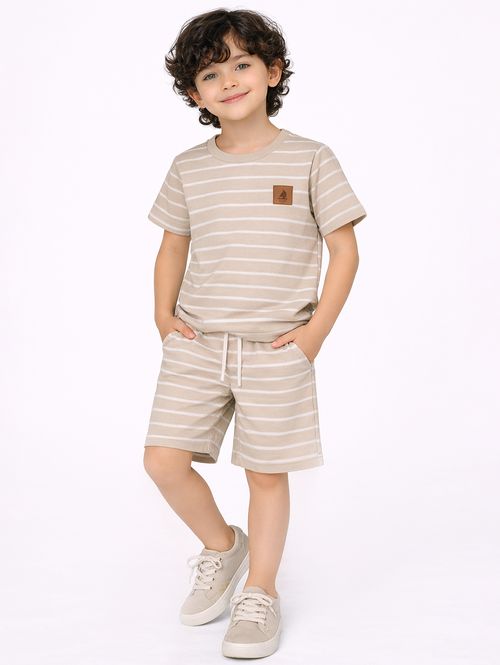 Conjunto Curto Listrado Infantil Para Menino - BEGE