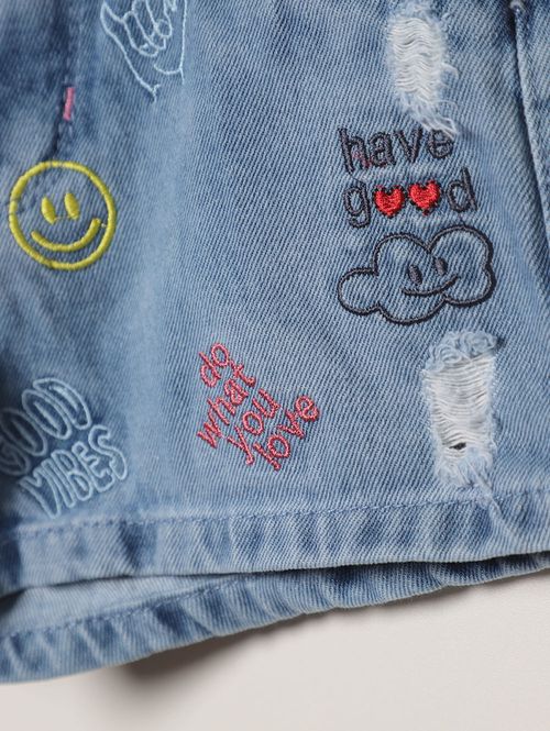 Short Jeans Com Puídos Infantil Para Menina - AZUL