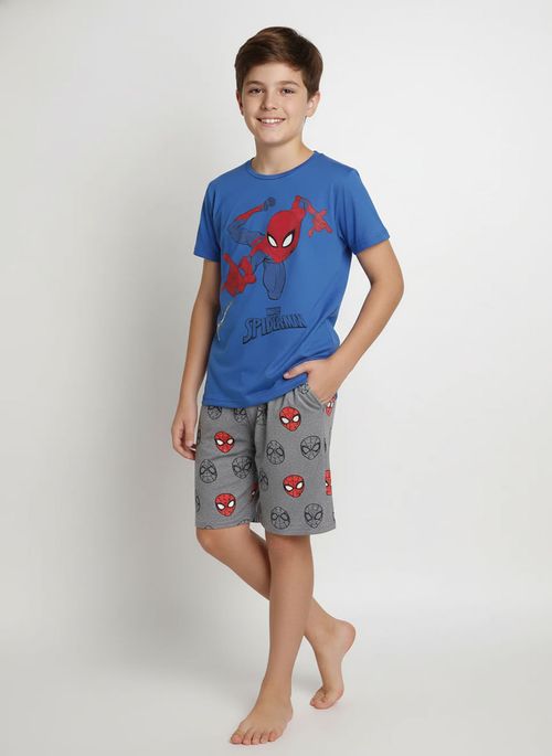 Pijama Curto Spiderman Juvenil Para Menino - AZUL