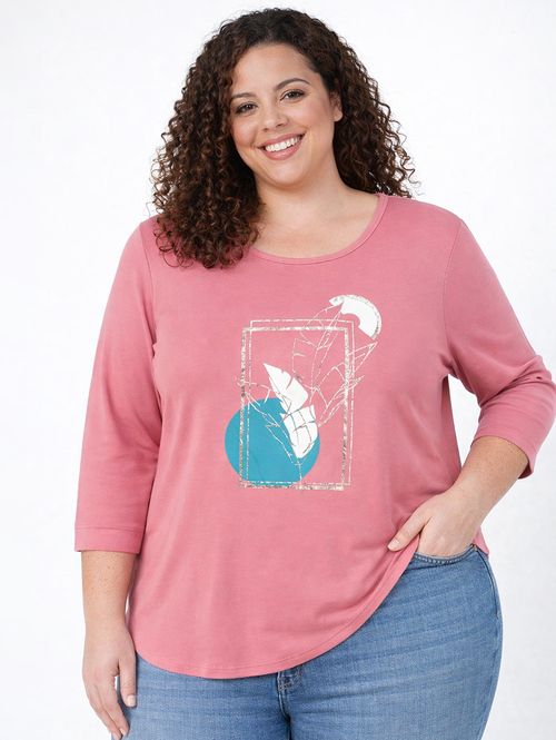 Blusa Manga 3/4 Plus Size Feminina ROSA