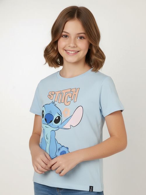 Camiseta Stitch Manga Curta Juvenil Para Menina- AZUL CLARO