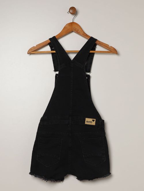 Jardineira Jeans Com Puídos Juvenil Para Menina- PRETO