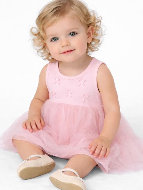 Vestido Cotton Leve Com Tule Infantil Para Bebê- ROSA CLARO