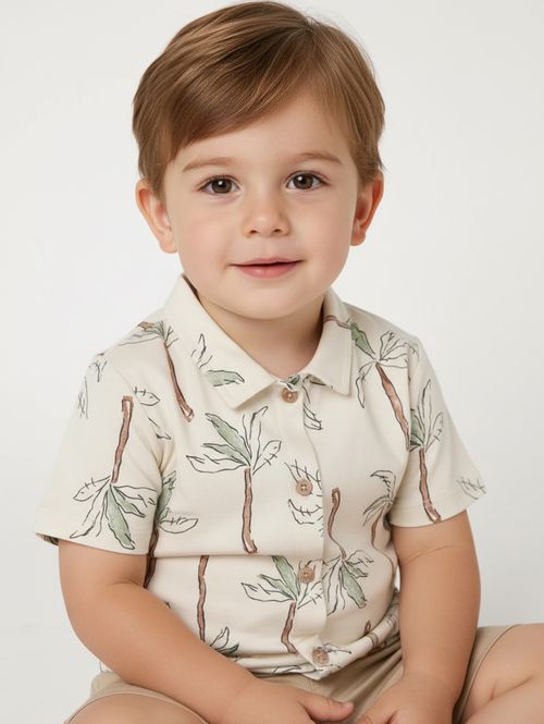 Camisa Estampada Manga Curta Infantil Para Menino- OFF WHITE/VERDE
