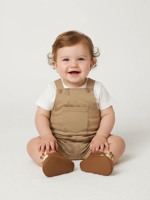 Jardineira Estampada Infantil Para Bebê - CAQUI