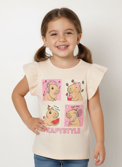 Blusa Cotton Manga Curta Infantil Para Menina- BEGE