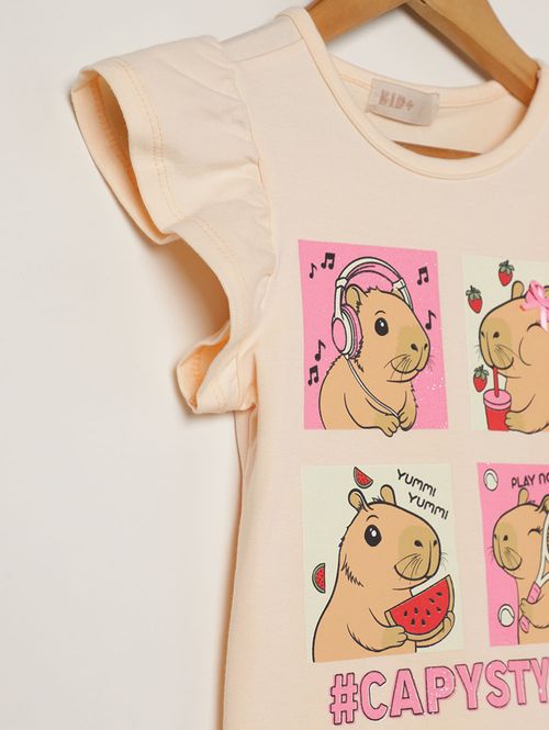 Blusa Cotton Manga Curta Infantil Para Menina- BEGE