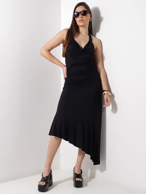 Vestido Frente única Barra Assimétrica Feminino PRETO