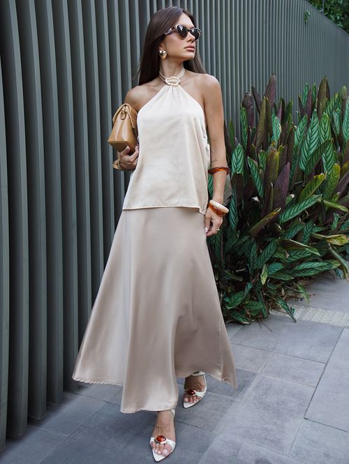 Saia Acetinada Midi Feminina DOURADO