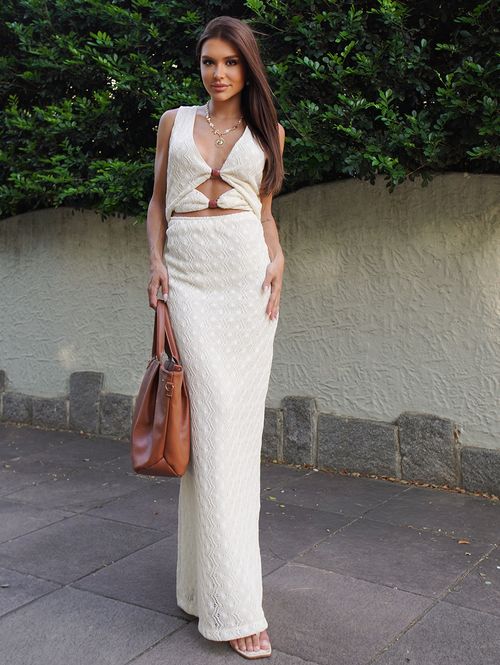 Vestido Crochê Longo Feminino OFF WHITE