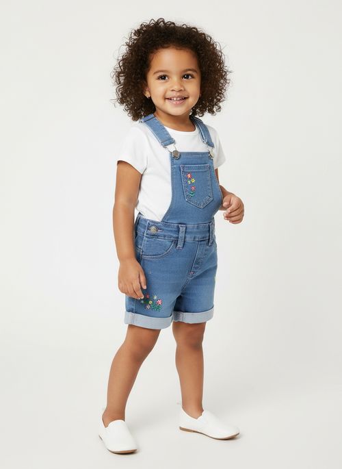 Jardineira Com Bordado Infantil Para Menina - AZUL