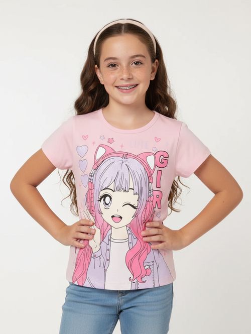 Blusa Cotton Manga Curta Juvenil Para Menina- ROSA CLARO