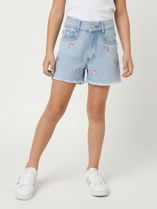 Short Jeans Com Bordado Infantil Para Menina- AZUL