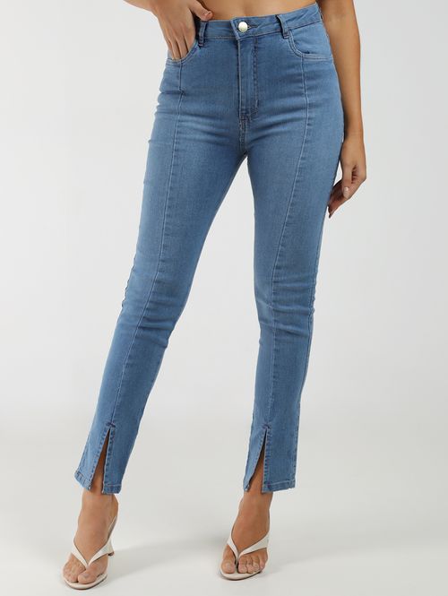 Calça Jeans Skinny Fenda Barra Feminina AZUL