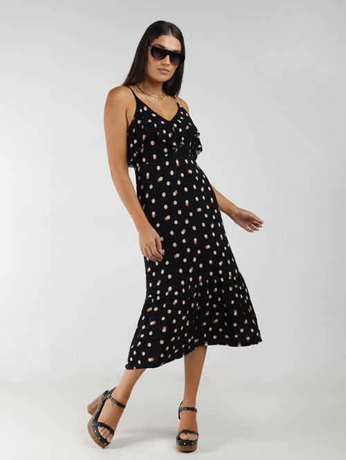 Vestido Midi Com Babado Poá Autentique Feminino PRETO