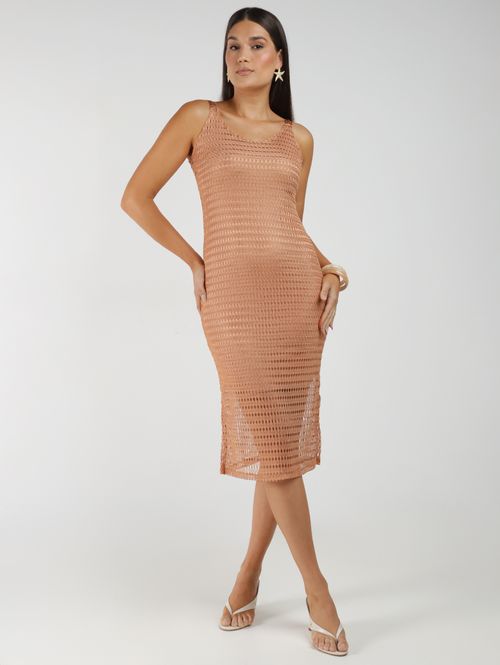 Vestido Tricot Metalizado Midi Autentique Feminino DOURADO