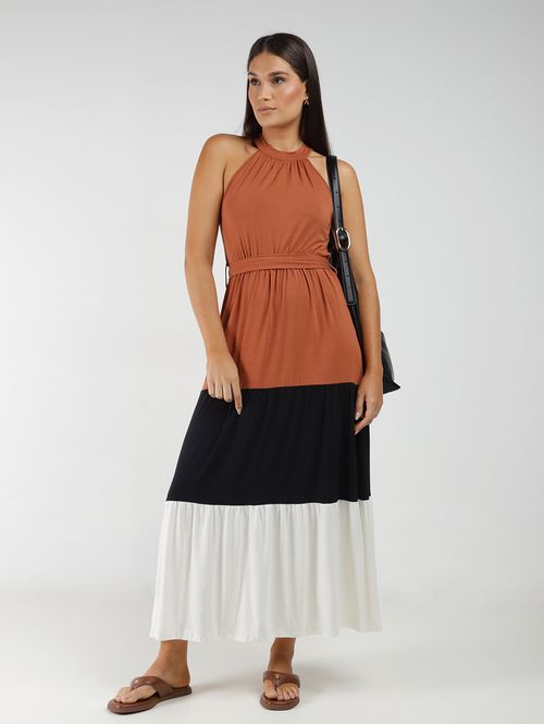 Vestido Com Amarração Bloco de Cores Feminino MARROM/OFF WHITE/PRETO
