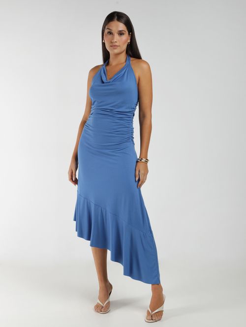 Vestido Frente única Barra Assimétrica Feminino AZUL