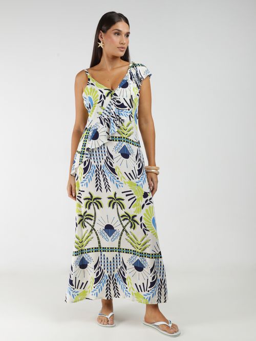 Vestido Estampado Babado Transversal Feminino OFF WHITE