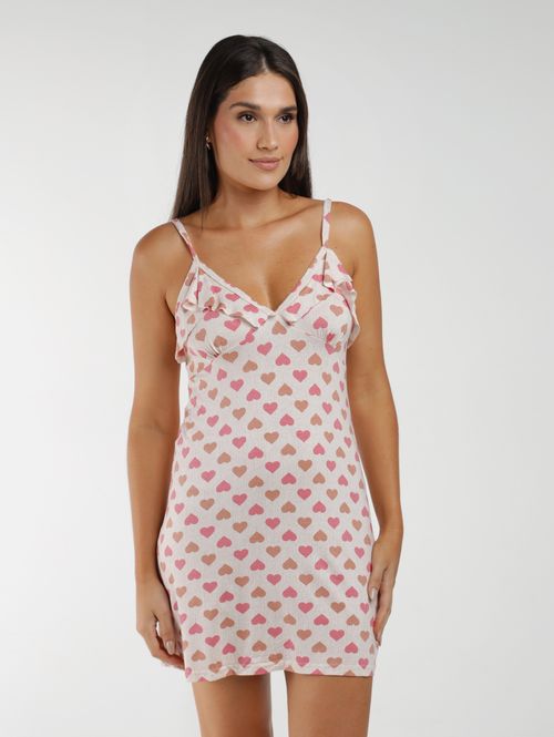 Camisola Estampada Com Babado Feminina BEGE