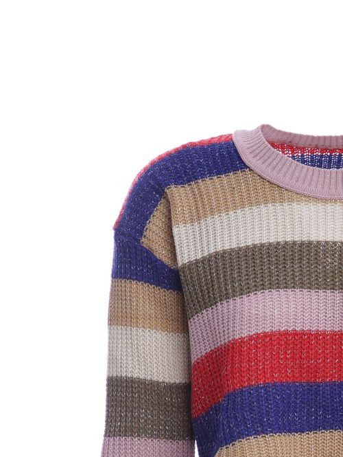 Blusão de Tricot Cropped Listrado Feminino Bege