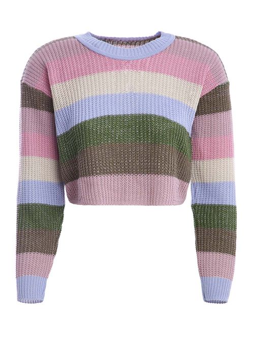 Blusão de Tricot Cropped Listrado Feminino Lilás