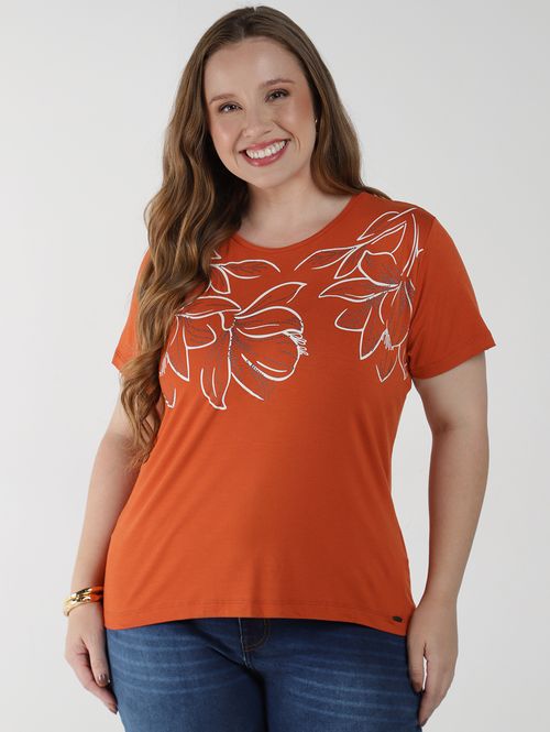 Blusa Silk Floral Manga Curta Plus Size Feminina MARROM