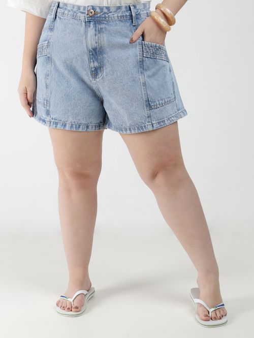 Short Jeans Bolso Frontal Plus Size Feminino AZUL